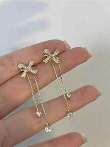 1 Pair Of Cute Bow Tassel Clip-On Earrings  Dainty Sweet Fringe Non-Pierced Ear Jewelry, Lightweight Design, Sparkling Delicate Accessory Daily Wear Date Party, Birthday Holiday Girls Friends - Vàng - Xem 6