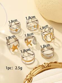Bộ 2/4/6/7 chiếc nhẫn hở hai tông màu bằng thép không gỉ 304, có thể chọn cả bộ hoặc số lượng ngẫu nhiên, thiết kế độc đáo bao gồm hình sao biển, vỏ sò, tia nắng mặt trời, mặt trăng và mặt trời, kích thước có thể điều chỉnh, thích hợp làm phụ kiện hàng ngày hoặc quà tặng cho nữ. - Dần dần vàng - Xem 4
