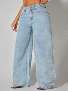 Jeans casuales de mujer de cintura baja, pierna ancha, con bolsillos laterales curvos, azules, ropa de otoño y primavera - Lavado ligero - Ver 3