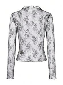 ARA CHIC 女士两件套，黑白性感弹力蕾丝长袖上衣，时尚立领花卉薄纱优雅叠穿T恤，2026春夏度假及约会套装 - 黑與白 - 查看 4