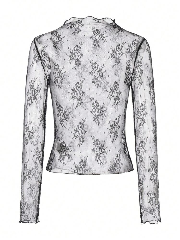 ARA CHIC 2-Piece Set Women's Black & White Sexy Elastic Lace Long Sleeve Top, Fashion Stand Collar Floral Sheer Elegant Layering T-Shirt, 2026 Spring/Summer Resort & Date Outfit - Black and White - View 3