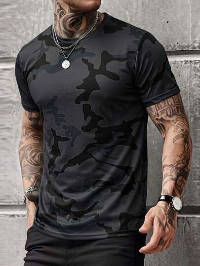 1pc New Camouflage Mesh Short Sleeve T-Shirt, Summer Sports Fitness Training Tee, Casual Streetwear Style T-Shirt For Men