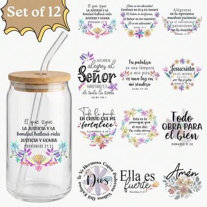 12pcs Spanish Bible Verse UV DTF Stickers (2.75x3.5in), Christian Floral Wreath Quotes Decals For Coffee Mugs, Ceramic Cups, Glass Tumblers, DIY Religious Gifts