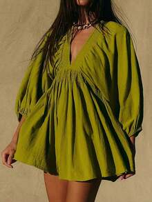 New Spring/Summer Elegant Fashion Sexy Deep V-Neck Puff Sleeve Casual Mini Dress For Women, Vacation Boho & Western & Tropical & Sun Dress - 橄欖綠 - 查看 2