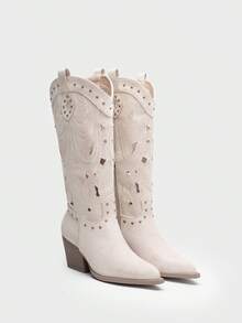 Women's Embroidered Cowboy Boots With Cutouts And Studs – Western Boots Spring Summer Pointed Toe Mid Heel Boho Style - Màu be - Xem 3
