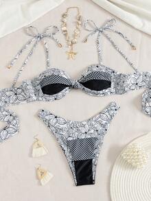 Bộ 2 món bikini nữ in hoa, kiểu dáng thanh lịch, gợi cảm, hở lưng, thích hợp cho kỳ nghỉ biển. - Nhiều màu - Xem 3