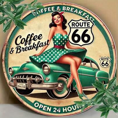 1pc Vintage Route 66 Coffee & Breakfast Sign - 8x8 Inch Durable Metal Wall Decor, Suitable For Bars, Cafes, Resorts - Retro 24 Hour Cafe Plaque, Great For Bartenders, Collectors And Entertainment Venues, Ideal For Home, Restaurant, Cafe, Garage Decor, Various Designs, Home Decor, Room Decor, Wall Decor, Birthday Gift, Graduation Gift, Random Hole Placement