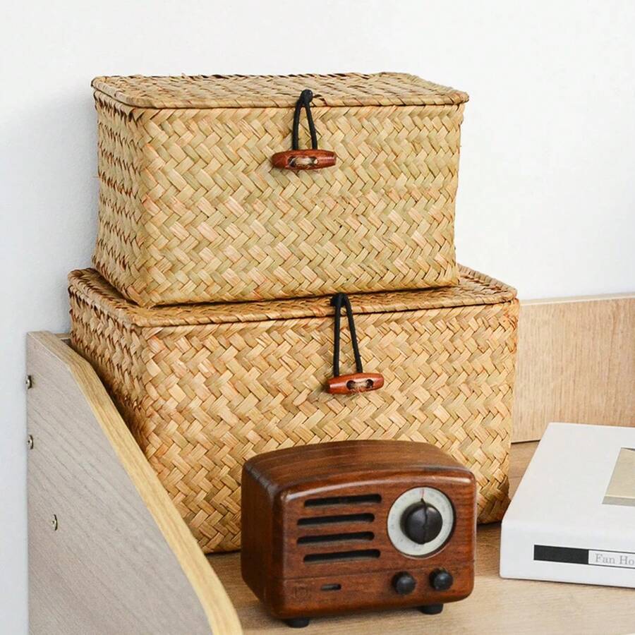 Cesta de estante de almacenamiento con tapa, organizador de maquillaje tejido de ratán de algas marinas hecho a mano, contenedor multiusos, caja Natural para - S-L 2 piezas - Ver 1