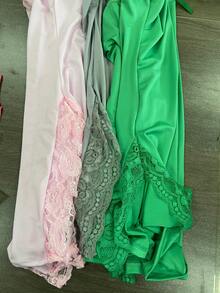 3 Pieces Of Women's Solid Color Sexy Lingerie, Bowknot Lace Splicing Nightdress, Side Split Suspender Skirt, Sexy Lace Underwear Nightdress Bottoming Skirt - 綠色+粉紅色+灰色 - 查看 8