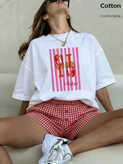 Lente/Zomer Oversized Tops, 100% Katoen, Dames T-shirts met korte mouwen, Leuk gestreept kreeftenpatroon, Effen ronde hals, Zacht en comfortabel, Casual kleding, Streetwear, Y2K, Strand, Afstuderen, Vakantie, Top, Zomer, Lente, T-shirt, Gym, Sport, Feesttop, Blouse, Romeins, Vintage, Carnaval, Valentijn, Maija, Tops voor dames, Tops Damen, Lente outfit, Jersey, Ropa Invierno De Mujer, Verano Mujer, Leuke T-shirts, Vakantie, Strand, Casual, Leuke tops, Top Negros, Top Blanco, Tops Verano, Primavera Muje, Pasen dameskleding, Carnaval, Alle seizoenen, Kantoor/Lounge/Thuis/Minimalistisch, Western dames, Outfits, Amerikaanse retrostijl, Unisex, Bovenkleding, Herfst, Plus size vrouw, Valentijn, Carnaval, Vakantietop Verano feest, afstuderen, muziekfestival, vakantie, witte top