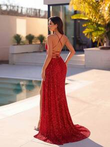 ADYCE Đầm maxi dài thướt tha, dây mảnh, cổ chữ V, chất liệu lưới đính sequin, eo cao, xẻ tà cao, hở lưng, thắt dây chéo, thanh lịch, thích hợp cho dạ hội, tiệc cưới, lễ hội, hẹn hò, tiệc tối trang trọng, tiệc sinh nhật, tiệc lễ hội, họp mặt gia đình, ngày Valentine mùa xuân. - Đỏ - Xem 2