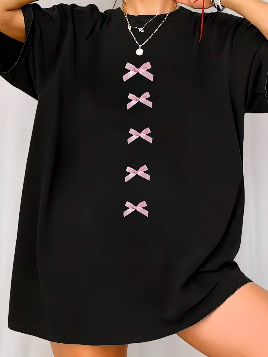 Women's Black Cotton Regular Sleeve Round Neck T-Shirt With Pink Bows Short Sleeve - 黑色 - 查看 1