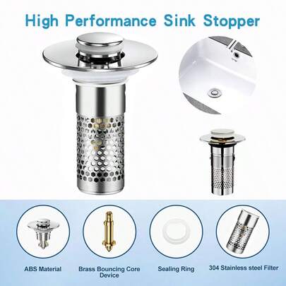 浴室水槽塞升级版弹跳式水槽排水过滤器，通用型，适用于 1.1 英寸至 1.29 英寸水槽，带可拆卸不锈钢滤网