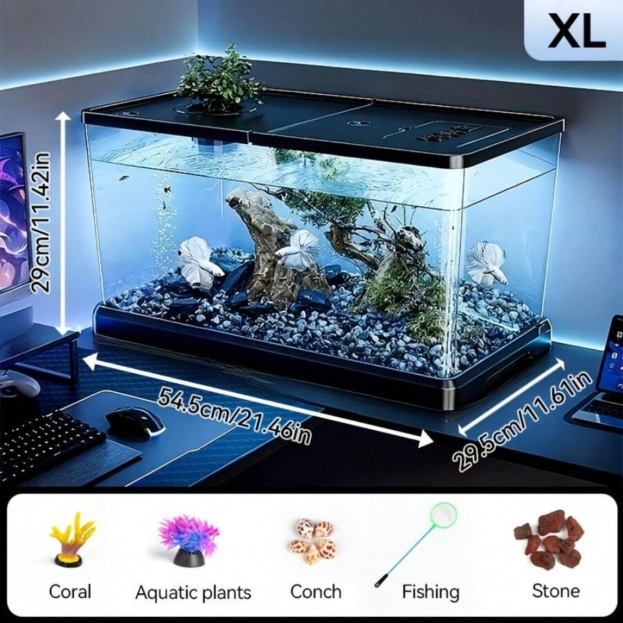 Sturdy Large Aquarium With A Lid - Clear, Leak-Resistant Design Suitable For Fish, Turtles, And Aquatic Plants, Perfect For Use In For Home Offices Or Classrooms, Featuring A Contemporary Rectangular Setup, Great For Christmas And Holiday Decor - XL-with Accessories - View 1