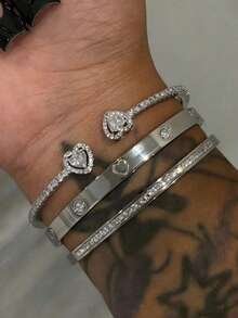 1_3件套不锈钢18K镀金心形水钻手镯套装，铜镶嵌人造锆石开口手镯，时尚女士 - 銀色 - 查看 5