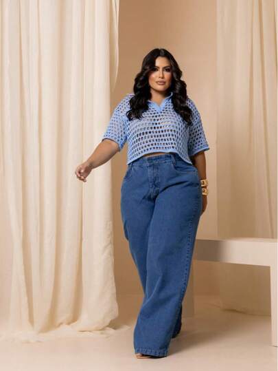 Calça jeans plus size de perna larga com modelagem confortável, calça comprida casual para o dia a dia, tecido sem elasticidade para um visual elegante.