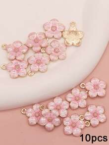 10 piezas/paquete Colgante pequeño con forma de flor de aleación de zinc con esmalte rosa, adecuado para hacer pendientes, collares y pulseras DIY - Rosa - Ver 10