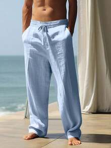 Men's Breathable Linen Loose Casual Sports Pants, Suitable Beach, Spring/Summer - Màu xanh nhạt - Xem 2