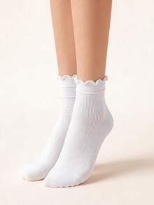 1双白色罗纹短袜，荷叶边装饰，高弹柔软透气，甜美少女洛丽塔风格，适合日常休闲约会洛丽塔穿搭。 - 彩色 - 查看 12