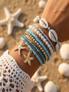 7pcs/Set Bohemian Style Beach Vacation Bracelet Set - Summer Beach Sea Star Shell Pendant Multi-Layered Stackable Bracelet Set - Starfish Bracelet - View 7
