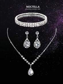 Noctella 四件套奢华水晶首饰套装：闪耀项链、耳环、手链和优雅褶皱水晶手拿包。可拆卸金属链条单肩包，适合婚礼和派对场合。多功能鸡尾酒会婚礼钱包手拿包 - 銀色 - 查看 4