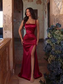 ADYCE 女士优雅吊带前开衩露背褶皱正式舞会礼服派对礼服婚礼宾客礼服 春季 - 酒紅色 - 查看 1