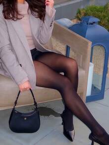 高腰亮泽油光连裤袜，女士防滑光泽透明紧身裤，性感光滑丝袜 - 黑色 - 查看 5