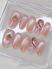 10 miếng dán móng tay hình oval dài vừa phải, vẽ tay theo phong cách Trung Quốc mới, miếng dán móng tay hình mắt mèo cao cấp, móng tay hình mắt mèo màu cam gradient băng giá, kết hợp với quả hồng giòn dễ thương được nặn thủ công, móng giả màu hồng caramel ngọt ngào, hạt thủy tinh ombre màu hổ phách, móng tay nghệ thuật ba chiều trắng sáng cao cấp được làm thủ công, móng giả acrylic dán. - trái cam - Xem 1