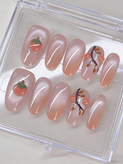 10 miếng dán móng tay hình oval dài vừa phải, vẽ tay theo phong cách Trung Quốc mới, miếng dán móng tay hình mắt mèo cao cấp, móng tay hình mắt mèo màu cam gradient băng giá, kết hợp với quả hồng giòn dễ thương được nặn thủ công, móng giả màu hồng caramel ngọt ngào, hạt thủy tinh ombre màu hổ phách, móng tay nghệ thuật ba chiều trắng sáng cao cấp được làm thủ công, móng giả acrylic dán.