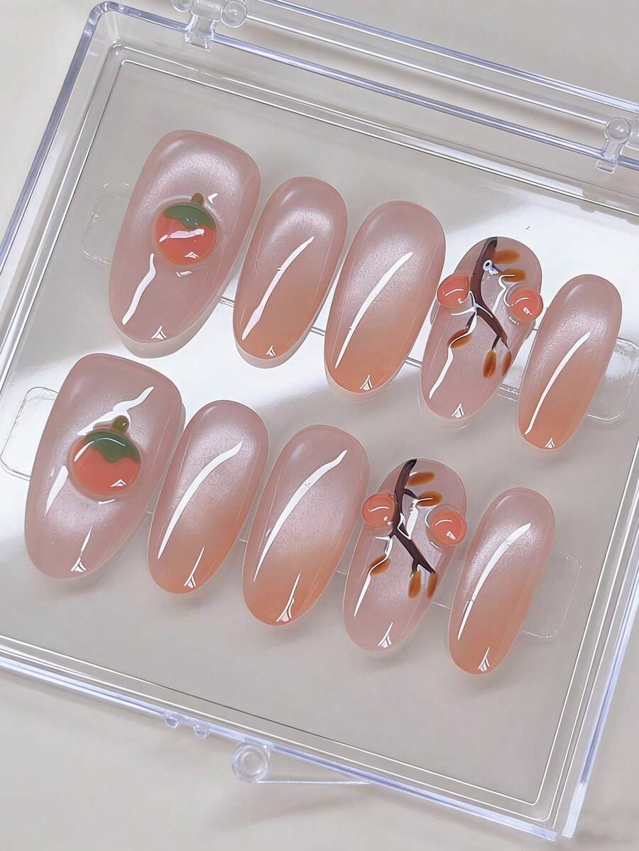 10 miếng dán móng tay hình oval dài vừa phải, vẽ tay theo phong cách Trung Quốc mới, miếng dán móng tay hình mắt mèo cao cấp, móng tay hình mắt mèo màu cam gradient băng giá, kết hợp với quả hồng giòn dễ thương được nặn thủ công, móng giả màu hồng caramel ngọt ngào, hạt thủy tinh ombre màu hổ phách, móng tay nghệ thuật ba chiều trắng sáng cao cấp được làm thủ công, móng giả acrylic dán. - trái cam - Xem 1