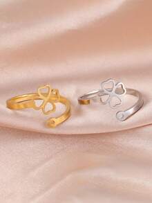 1pc Minimalist Stainless Steel Heart & Clover Adjustable Ring, Fashionable Cute Gift For Girls, Personalized Memento - Simple Series - View 2