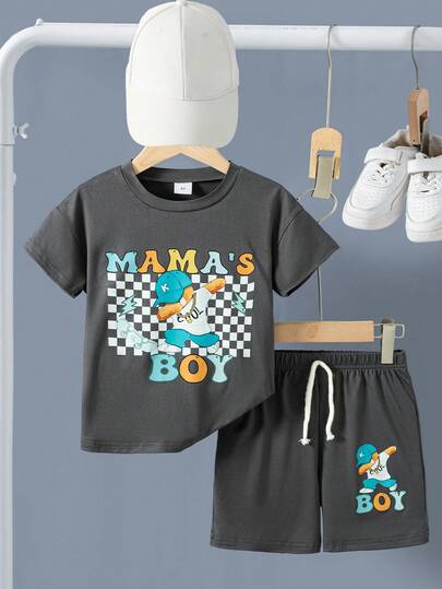 2pcs/Set Boys' Casual Outgoing Fashion Letter, Plaid, Portrait Print Dropped Shoulder Short Sleeve Top And Drawstring Shorts, Spring/Summer