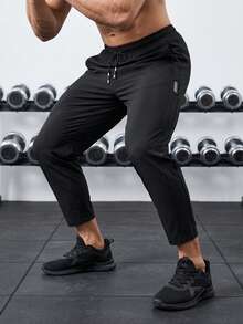 1pc Light Gray Men's Sports Pants, Cool & Comfortable Drawstring Elastic Waist Casual Cropped Pants, Polyester Material, Lightweight & Breathable, Casual Sports Style, Machine Washable, Summer Boyfriend Style, Essential For Running, Fitness, Commuting - Black - View 3