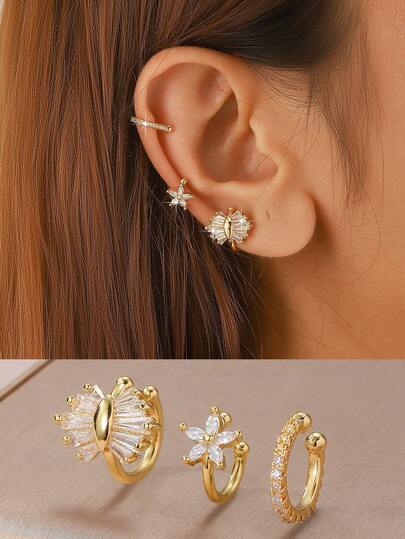  3pcs Flower Clip-On Earrings, Women's Cubic Zirconia Non-Piercing Fake Earrings, Cartilage Clip Earrings, No Ear Piercing Required