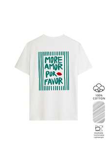 女士休闲短袖T恤，复古绿条纹“MORE AMOR POR FAVOR”字母和红唇印花，宽松落肩设计，100%纯棉透气舒适，法式复古可爱酷炫风格，适合日常、咖啡馆、女生约会、音乐节、夏季派对、春夏新款多巴胺风白色 - 白色 - 查看 2