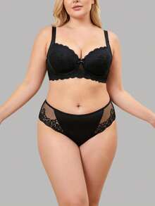 yalisi 2pcs/Set Plus Size Women Lace Padded Bra And Panty Set, Slimming, Comfortable, Suitable For Daily, Home, Leisure And Outdoor Sports - Black - View 4