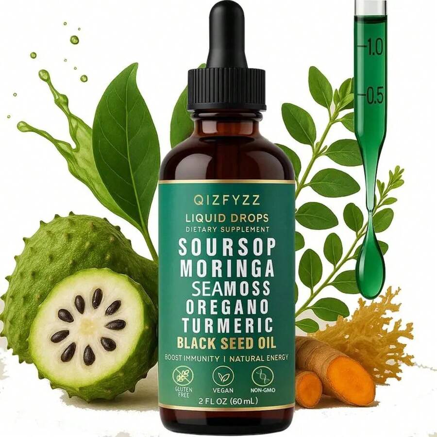Soursop Bitters Liquid Drops 10-In-1 With Nori, Moringa, Turmeric, Black Seed Oil, Oregano, Ashwagandha| Herbal Extracts For Overall Health| Vegan, Non-GMO| 2 Fl Oz - 1 - Xem 1