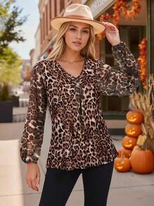 CheersLife Blusa holgada de manga larga con estampado floral versátil para mujer, blusa con parches de volantes de malla para vacaciones - Multicolor - Ver 3