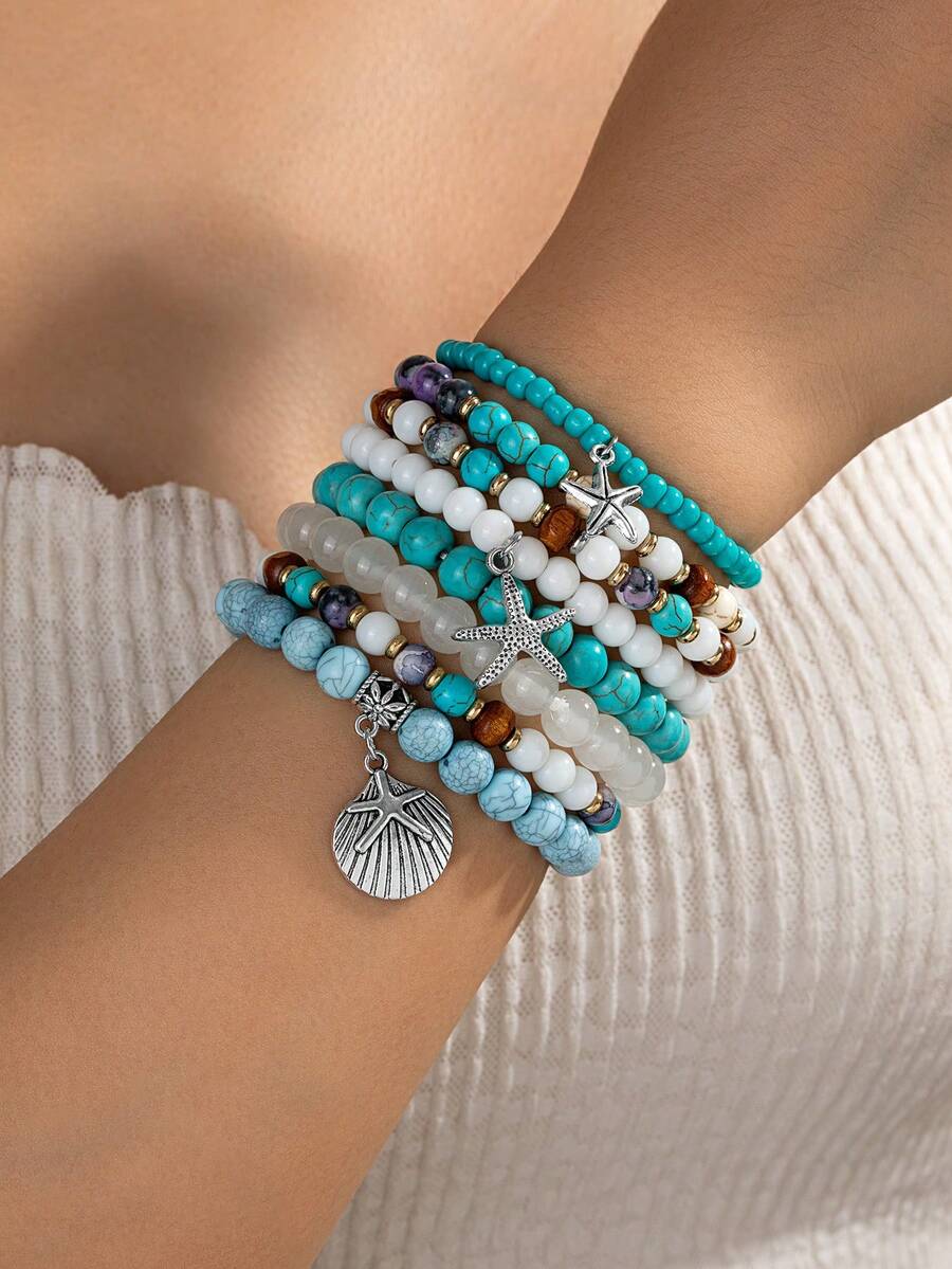 8pcs Turquoise Beaded Starfish & Shell Pendant Layered Bracelet Set, Bohemian Beach Resort Style Jewelry Suitable For Beach Vacation And Daily Commute - Multicolor - View 1
