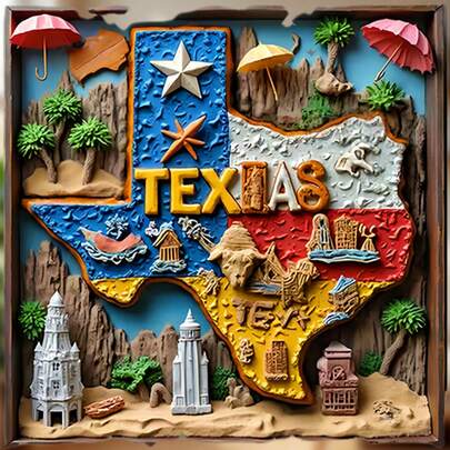 Huy hiệu từ vùng biên giới Lone Star: Nam châm 3D cổ điển Texas với hình dáng đường viền và kết cấu phong hóa, hình sừng bò, ngôi sao đơn độc và cây xương rồng – Di sản cao bồi cho tủ lạnh của bạn.