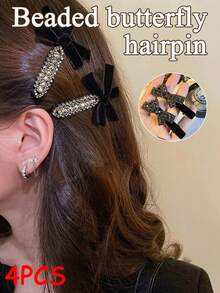 4pcs Luxury Retro High-End Velvet Bow Hair Clips, Minimalist Elegant Side Tassel Hair Clips - 4pcs Black Hairpins - View 1
