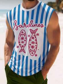 Men's Cartoon Letter Print Sleeveless Round Neck T-Shirt, Casual Holiday Style, Suitable For Summer Daily Wear - Multicolor - View 2