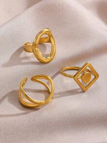 3pcs/Set Stainless Steel Minimalist Geometric Intersecting Oval Open Ring Set, Suitable For Women's Daily And Party Wear - Gold - View 3