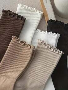 5 pares de calcetines de media caña con volantes de unicolor para mujer, primavera/verano - Blanco - Ver 3