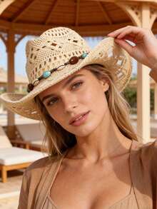1pc Unisex Spring Summer All Season Solid Color Hollow Out Handmade Woven Straw Panama Hat, Fashionable Beaded Hat Chain Decor Western Cowboy Hat, Vintage Personalized British Style, Straw Hat, Summer Outdoor Breathable Comfortable Sun Hat, Travel Vacation Beach Hat, Daily Outing - Straw Hat - View 4