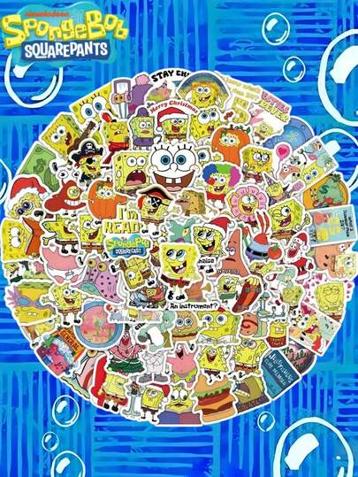 SpongeBob SquarePants 官方授权DIY贴纸，包含派大星、章鱼哥、蟹老板、珊迪和小蜗等卡通人物。可爱派对装饰贴纸，100张/套，适合互动面部贴纸，可用于文具、桌面、冰箱、手机壳等。