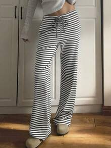 阳光少女风夏季女式Y2K条纹抽绳直筒裤，完美适用于返校、街头风、通勤、居家休闲和下午茶穿搭 - 淺灰色 - 查看 3