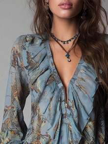 Vintage French Resort Style Elegant Chiffon Allover Print Deep V-Neck Zipper Ruffle Lantern Sleeve Women Blouse, All-Over Allover Print Crinkle Ruffle/Frill Sheer Resort Vacation Summer - Lavender Blue - View 4