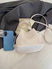 Pleated Drawstring Bucket Bag, Women's Fashion Solid White Cloud Shoulder Bag, Stylish Versatile Small Crossbody Bag - White - View 5