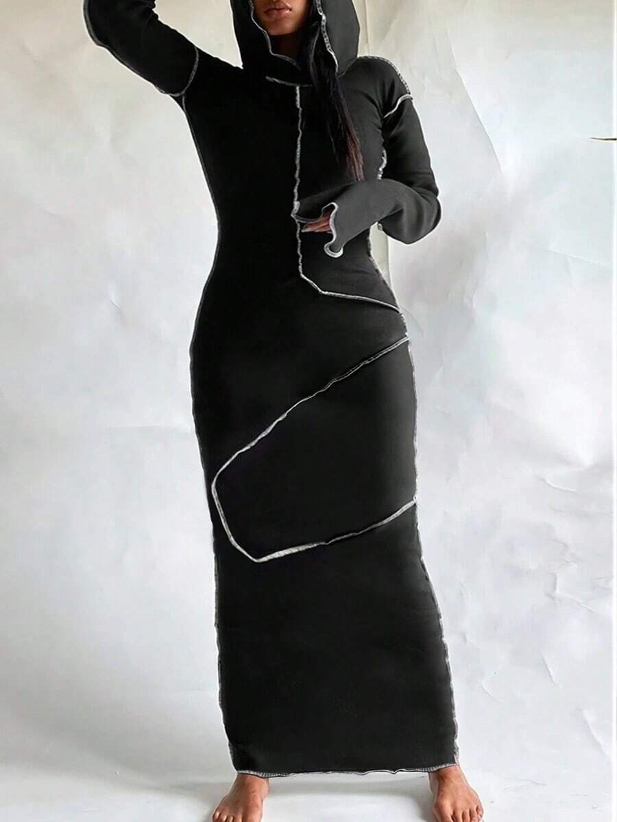 Women's Fashionable Hooded Contrast Seam Patchwork Bodycon Street Style Dress - 黑色 - 查看 1